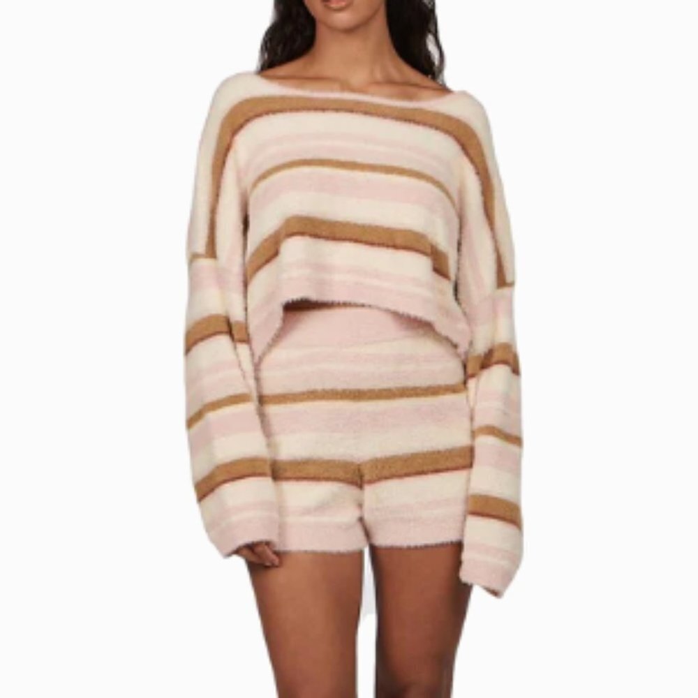 CHARLIE HOLIDAY TELLOW STRIPED FUZZY KNIT LONG SLEEVE CROP TOP - Picture 4 of 7
